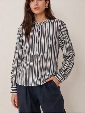 Apiece Apart Silk and Linen Striped Nautical Crewneck Button Flowy Blouse